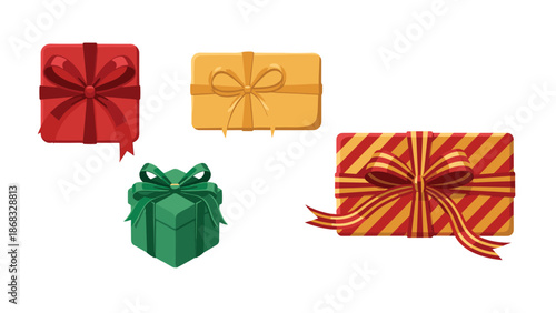 A collection of four gift boxes in different colors and patterns, tied with ribbons, suggesting presents.