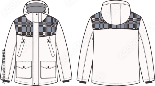 Hooded winter jacket technical flat, plaid panel outerwear design template, fashion clothing vector illustration, front and back garment sketch, CAD drawing