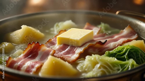 Steaming pot of savory boiled dinner with raw bacon potatoes cabbage and a thick melting pat of butter