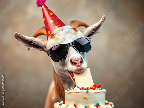 A goat wearing sunglasses and a party hat, eating cake with gusto, animal,  silly