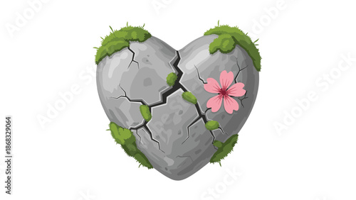 A grey stone heart with cracks and moss, featuring a pink flower, symbolizing resilience, nature, and beauty.