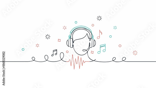 Minimalist Line Art of Person Wearing Headphones with Music Notes.