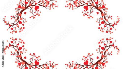 A decorative frame with branches adorned with red and pink hearts, creating a whimsical and romantic border.