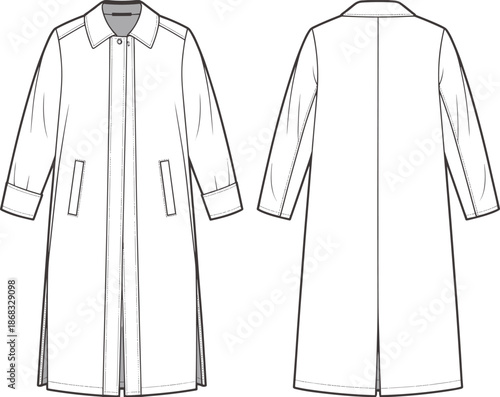 Long trench coat front and back, fashion flat sketch, technical CAD apparel drawing, minimalist outerwear vector, clothing design template illustration