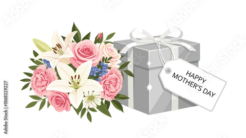 A bouquet of beautiful flowers next to a gift box with a tag that reads 'Happy Mother's Day'.