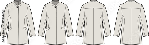 Minimalist coat fashion flat, technical apparel cad, unisex jacket template, front and back views, professional vector illustration for garment design
