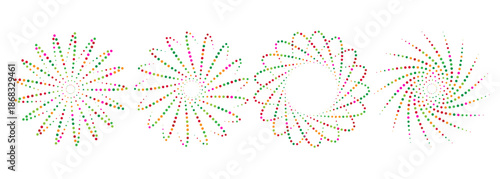 Spiral bloom set with vibrant curved lines, abstract symmetrical floral designs on white background