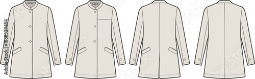 Minimalist unisex coat fashion technical drawing, flat vector apparel template, front and back views, professional CAD illustration for garment design - cad drawing flat vector illustration