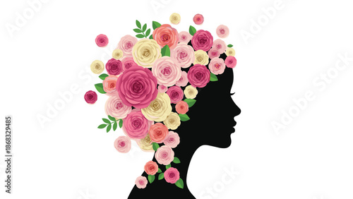 Silhouette of a woman's profile adorned with a crown of colorful roses and leaves, celebrating femininity.