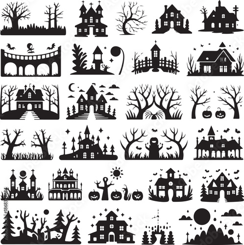 Halloween silhouette icons of houses trees and landscapes