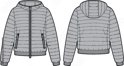 Puffer jacket technical fashion sketch, front and back view, hooded winter coat design template, quilted outerwear clothing, cad drawing flat vector illustration