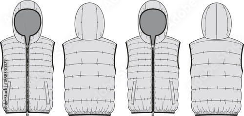 Puffer, vest, jacket, hooded, sleeveless, outerwear, fashion, technical, flat, drawing, vector, illustration, apparel, design, front, back, view, garment, template, sketch