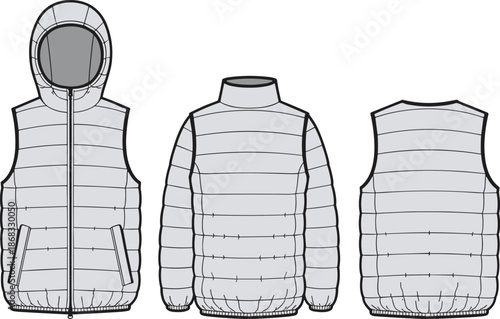 Puffer, vest, jacket, sleeveless, hooded, outerwear, fashion, technical, flat, drawing, vector, illustration, apparel, design, garment, template, padded, winter, clothing, sketch
