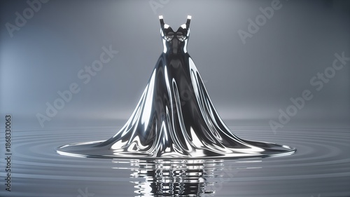Elegant silver liquid dress flowing gracefully on rippling water surface