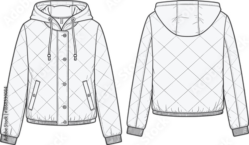 Quilted hooded jacket fashion cad drawing, flat vector illustration front and back view, technical clothing design template for apparel industry