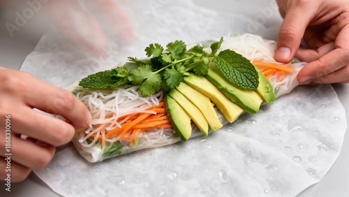 Person wraps fresh rice paper rolls with vegetables and herbs on a flat surface in a kitchen setting Generative AI