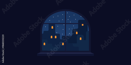 Night interior window illustration. Wide window frame silhouette across scene. Soft city light reflections on glass. Dark interior foreground. Cozy nighttime mood.