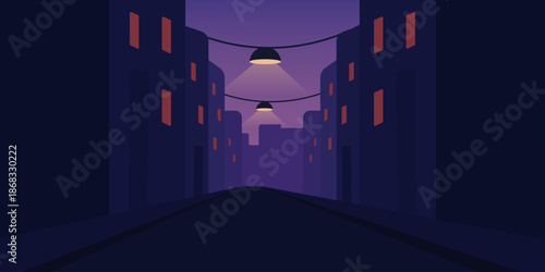 Night alley illustration. Narrow street framed by tall buildings. Single hanging lamp casting warm light. Strong light contrast. Quiet cinematic atmosphere.