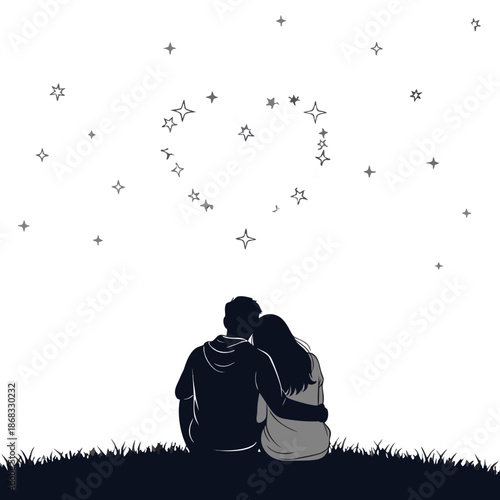 Couple sitting together on grass gazing at a starry night sky with numerous stars and constellations visible