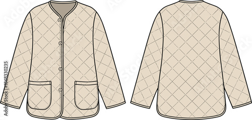 Quilted, jacket, fashion, flat, sketch, front, back, view, vector, outline, technical, drawing, sewing, template, apparel, design, neutral, beige, winter, outerwear