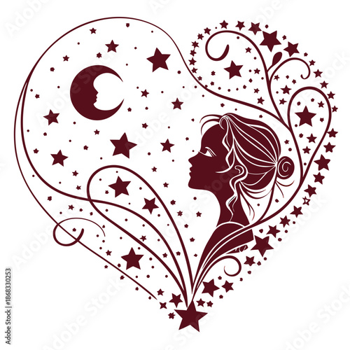 A celestial woman surrounded by stars and a crescent moon within a heart-shaped frame