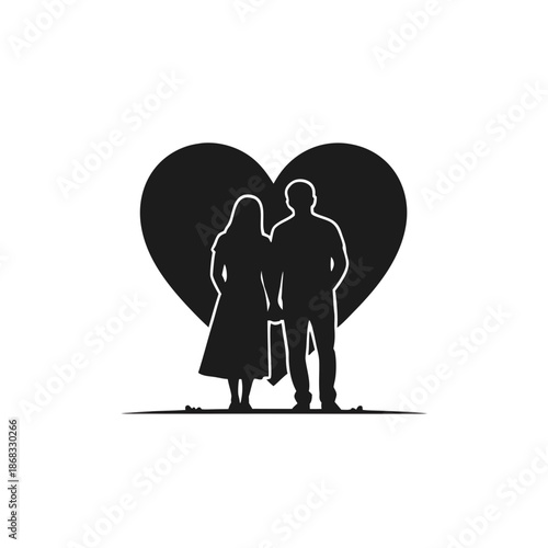 Couple standing together in front of a large heart symbolizing love and togetherness