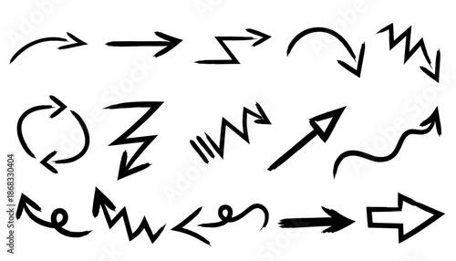 Abstract arrow vector set with dynamic sketch styles, bold directional graphic elements