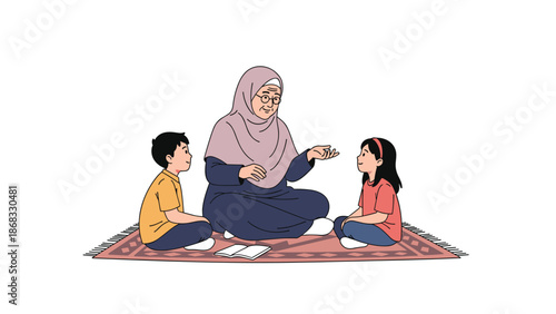 An elderly woman telling a story to two children on a rug, depicting intergenerational learning and bonding.
