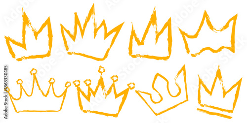 Handdrawn crown vector set with orange sketch lines, abstract royal symbol collection