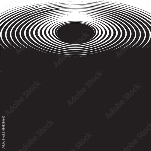 Monochrome image featuring concentric circles with a central black void on a split background design
