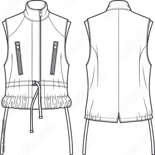 Sleeveless vest technical fashion flat sketch front back view zip high neck drawstring utility apparel vector cad illustration