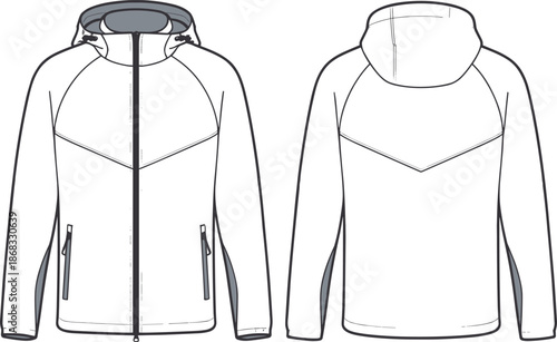 Sport jacket hooded vector, technical apparel flat, unisex outerwear template, fashion cad drawing, front and back view illustration design resource