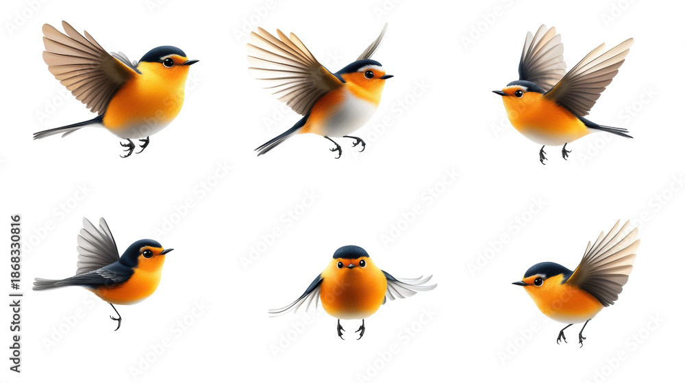 Obraz premium Colorful Kinglet on Transparent Background, Set of Six Birds