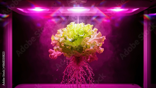 Growing lettuce indoors with hydroponics and LED lights in a controlled environment for optimal growth results Generative AI