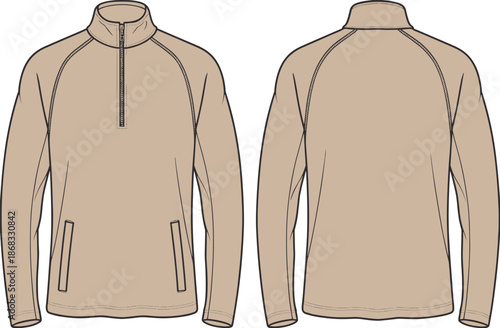 sportswear, pullover, half, zip, jacket, mens, activewear, fashion, technical, flat, vector, illustration, apparel, clothing, design, mockup, long, sleeve, cad, drawing