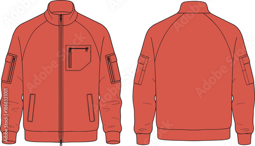 Sporty bomber jacket flat, technical apparel cad, unisex outerwear design, vector front and back view, professional fashion garment illustration template