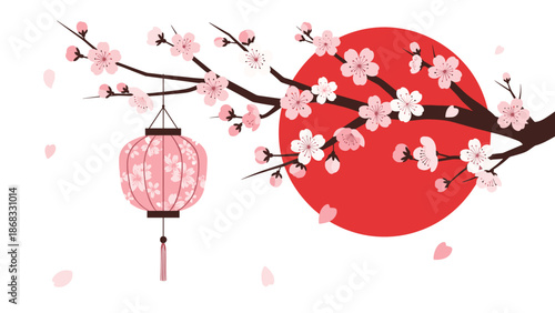 Delicate pink cherry blossoms bloom on a branch against a vibrant red sun, evoking Japanese spring beauty and tranquility.