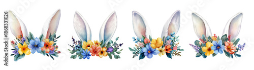 Spring Easter bunny ears with floral wreath. Spring and Easter frame. Frame with rabbit ears and flowers for spring and Easter designs. Vector illustration.