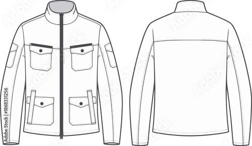 Technical jacket fashion design, flat sketch outerwear template, vector clothing illustration, apparel design drawing, front and back jacket view