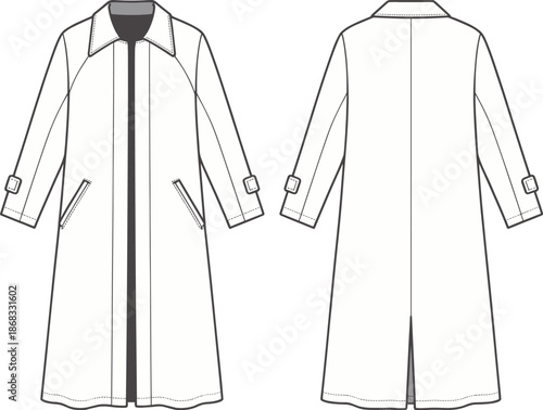 trench, coat, technical, fashion, flat, sketch, vector, illustration, womens, outerwear, design, template, longline, jacket, apparel, drawing, minimalist, clothing, line, mockup