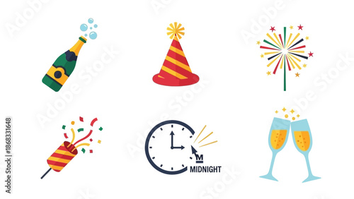 Celebration icons set champagne party hat fireworks and midnight clock