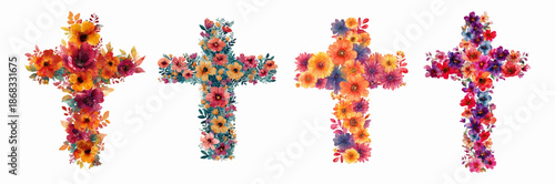 Christian cross with watercolor flowers perfect for Easter communion cards. Floral religious design featuring spring blooms,  and elegant botanical elements for baptism invitations.