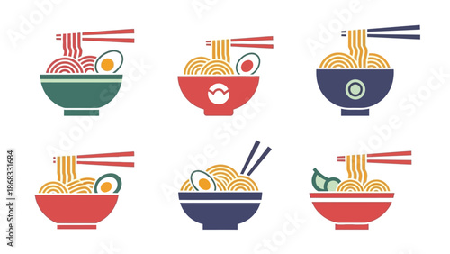 Colorful bowls of ramen noodles with chopsticks arranged on white backdrop