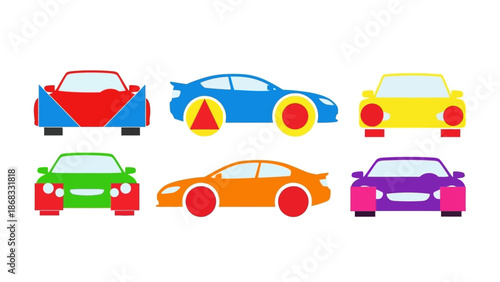 Colorful vector illustrations of various car designs on white background
