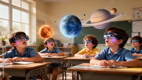 Students observe planets in a classroom with 3D glasses during a science lesson on space and astronomy Generative AI