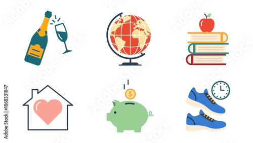 Set of colorful icons representing various concepts and activities