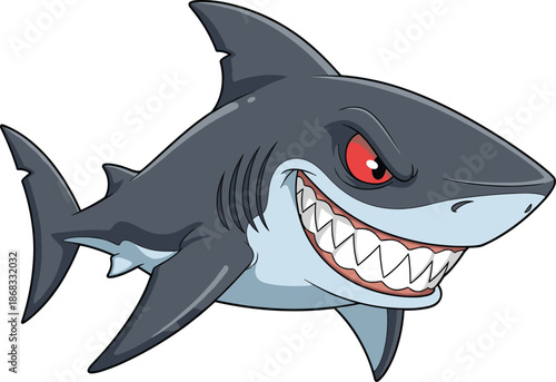 Angry Shark Mascot Illustration Featuring Sharp Teeth and Red Eyes, Aggressive Great White Shark Character Design for Sports Logos and Icons