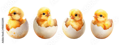 Watercolor set of cute baby chicks hatching from eggs. Yellow chicks with broken eggshell. Farm and agricultural birds. Cute symbols for spring and Easter designs. Vector illustration.