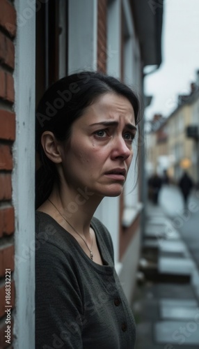 A woman stepping outside her home with a tense, emotional expression, suggesting a moment of distress, urgency, or vulnerability in a residential setting.