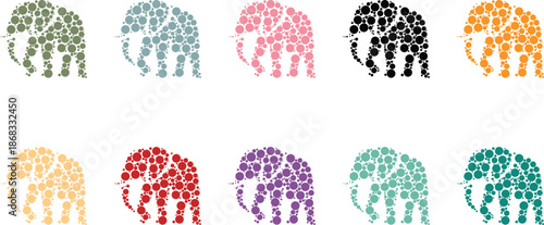 Colorful dot art elephant silhouettes on white background, Mosaic elephant wildlife icons